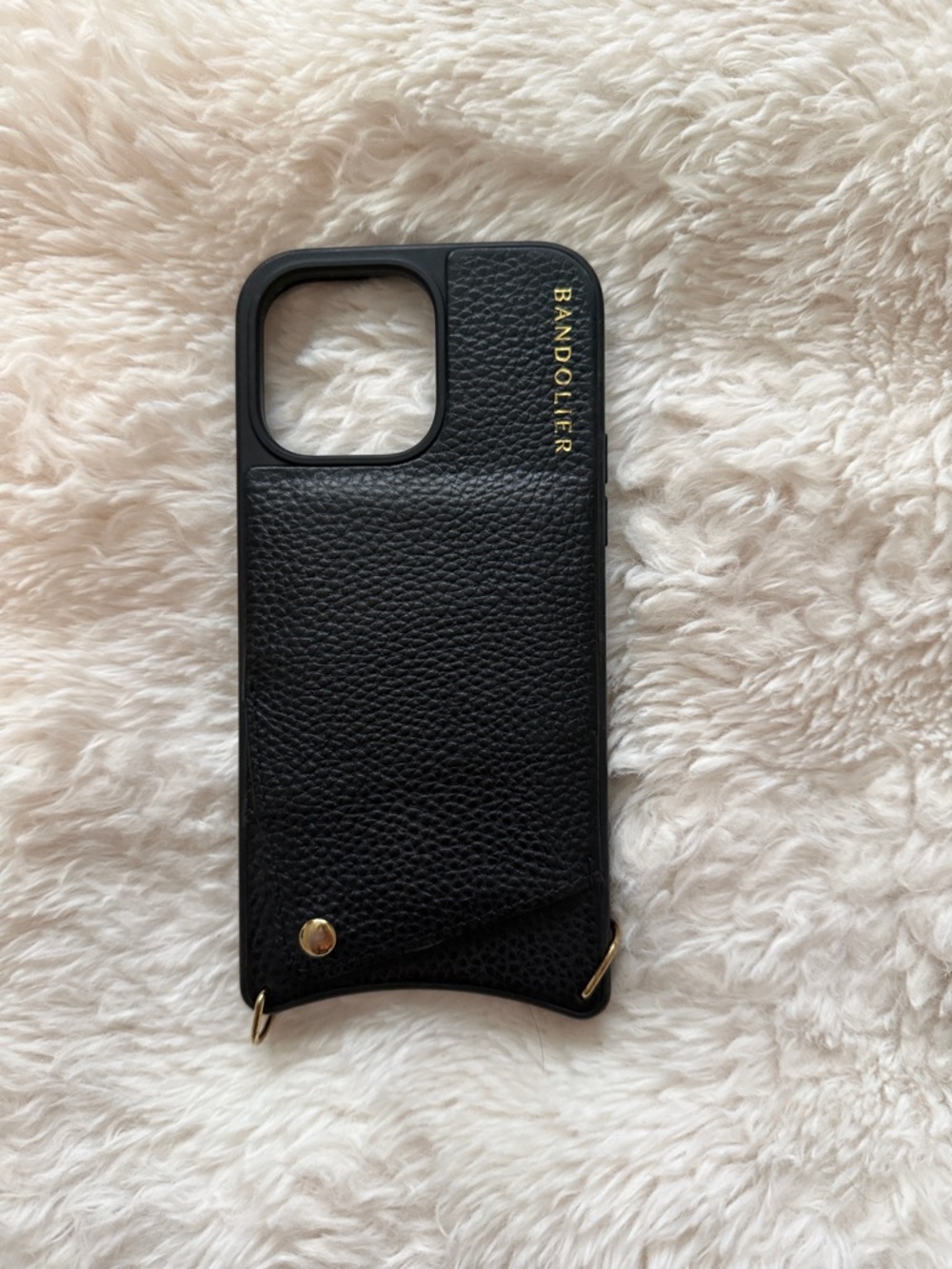 Bandolier Black Leather Phone Case with Gold Accents and Card Pocket